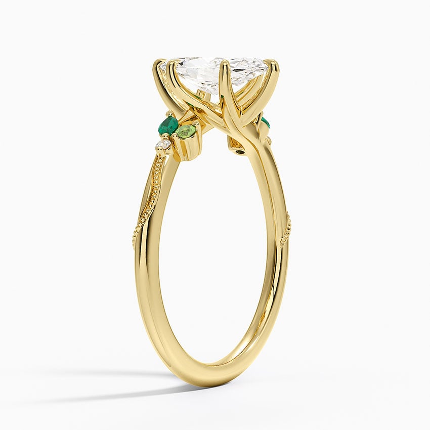 Camellia Milgrain Green Gemstone and Diamond Ring Yellow Gold 18k Marquise Engagement Ring