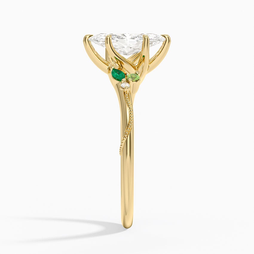Camellia Milgrain Green Gemstone and Diamond Ring Yellow Gold 18k Marquise Engagement Ring