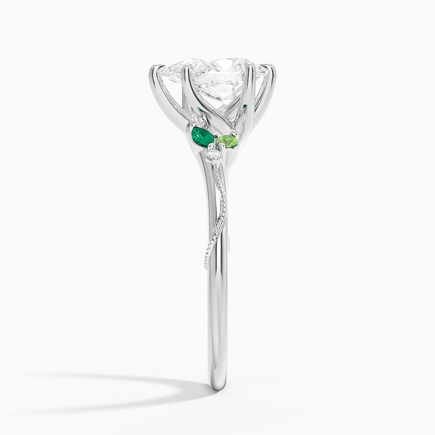 Camellia Milgrain Green Gemstone and Diamond Ring Platinum Pear Engagement Ring