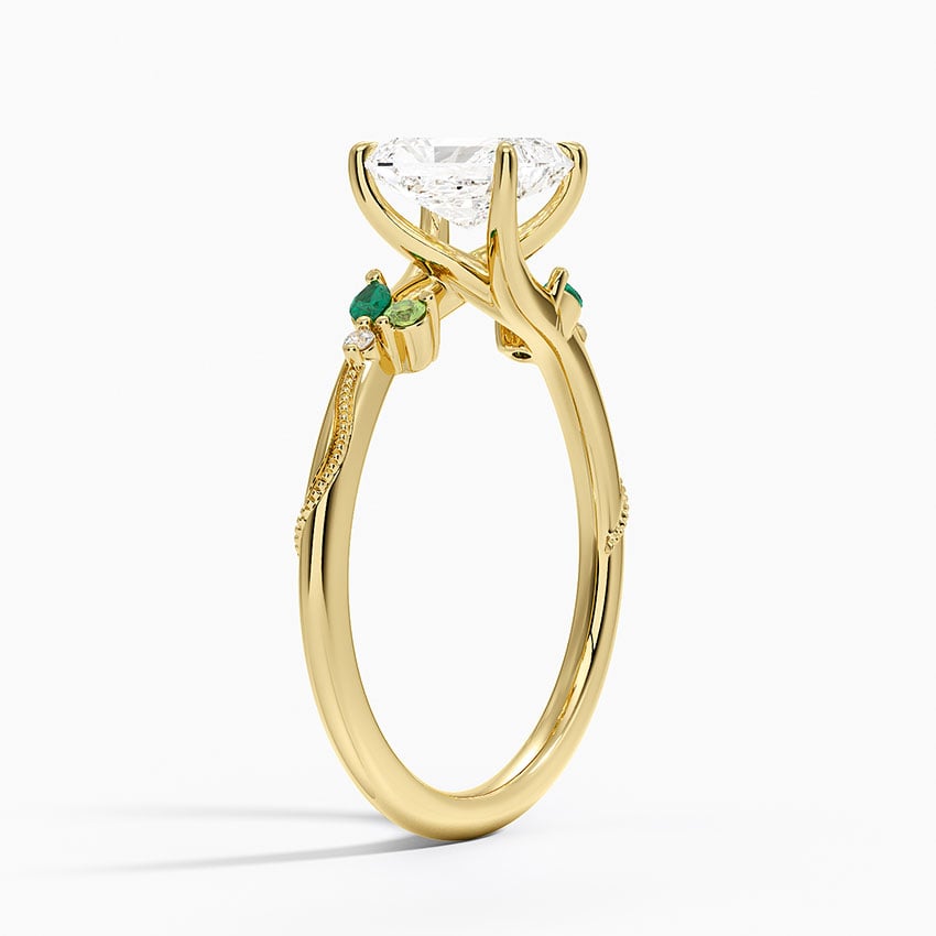 Camellia Milgrain Green Gemstone and Diamond Ring Yellow Gold 18k Radiant Engagement Ring