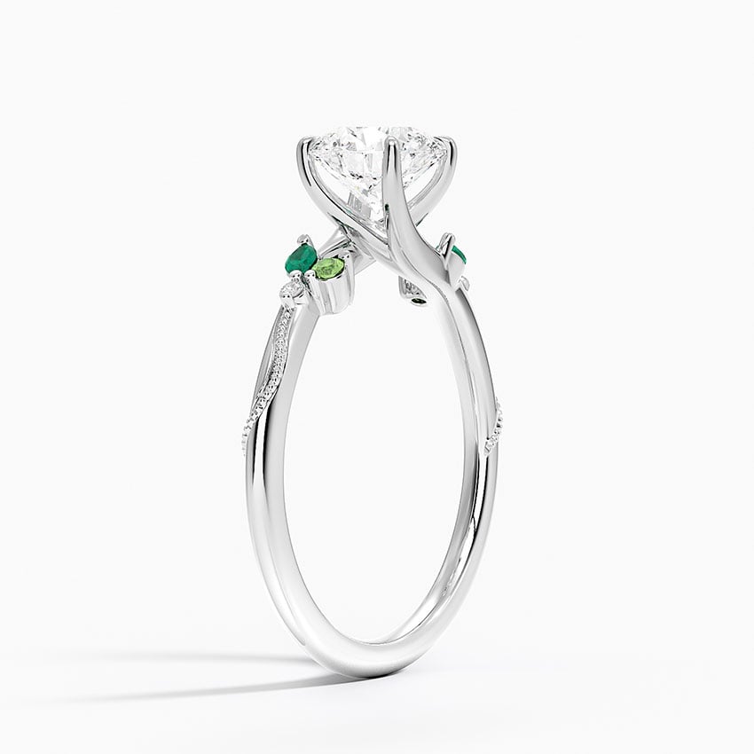 Camellia Milgrain Green Gemstone and Diamond Ring Platinum Round Engagement Ring