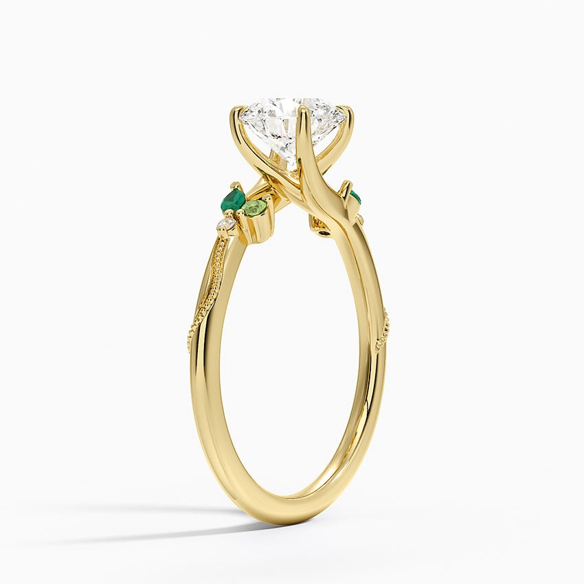 Camellia Milgrain Green Gemstone and Diamond Ring Yellow Gold 18k Round Engagement Ring