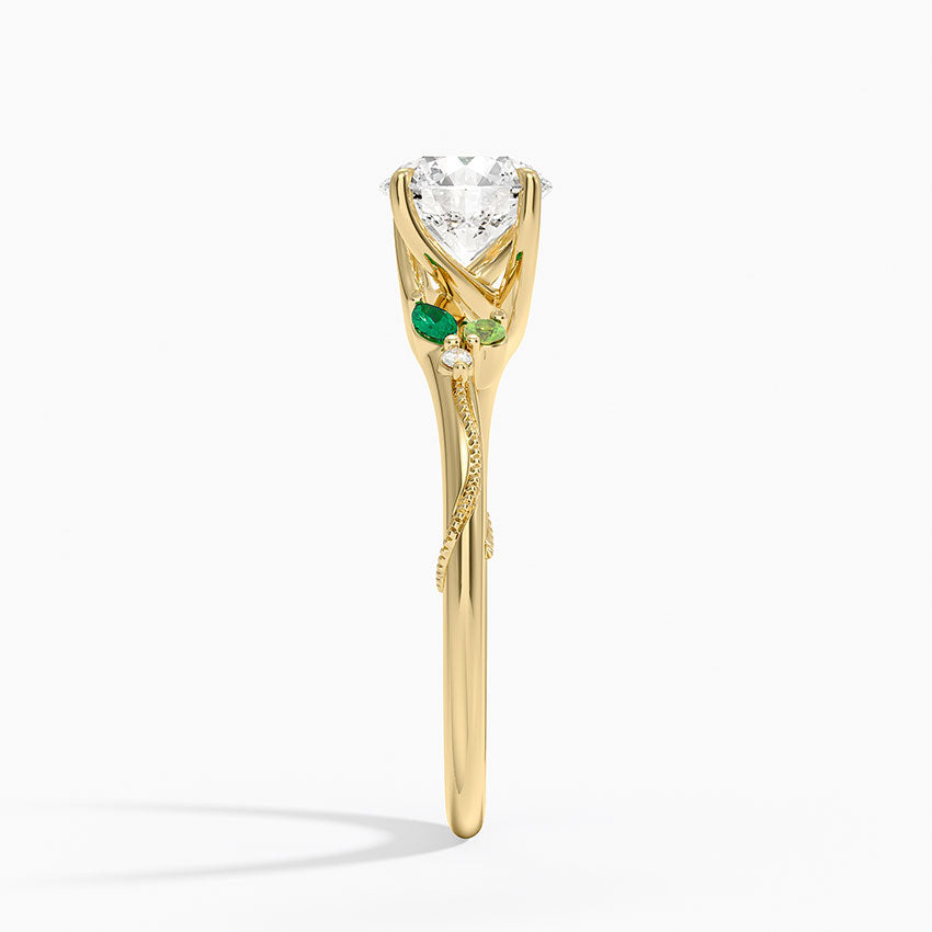 Camellia Milgrain Green Gemstone and Diamond Ring Yellow Gold 18k Round Engagement Ring