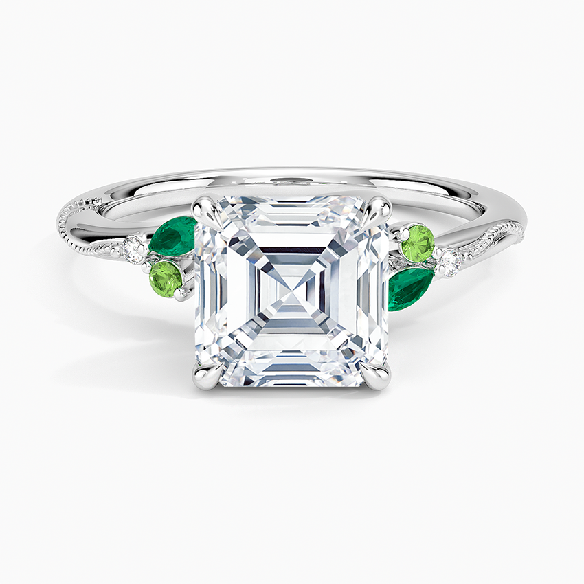 Camellia Milgrain Green Gemstone and Diamond Ring Platinum Asscher Engagement Ring