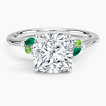 Camellia Milgrain Green Gemstone and Diamond Ring Platinum Cushion Engagement Ring
