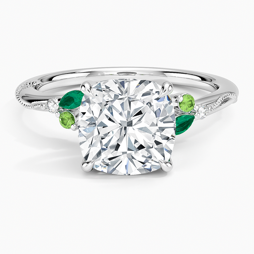Camellia Milgrain Green Gemstone and Diamond Ring Platinum Cushion Engagement Ring