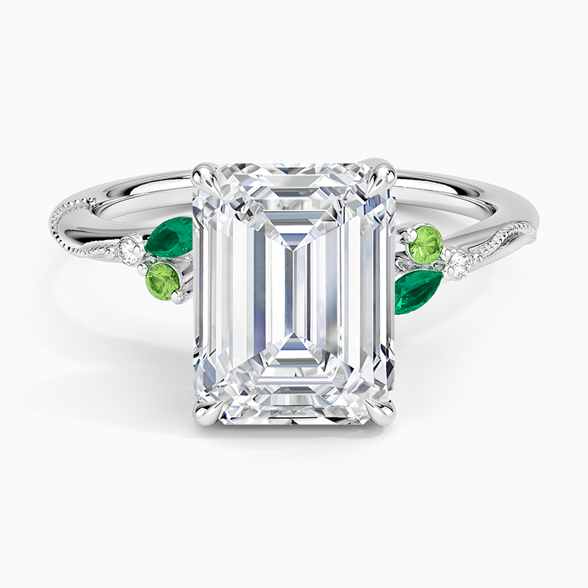 Camellia Milgrain Green Gemstone and Diamond Ring Platinum Emerald Engagement Ring