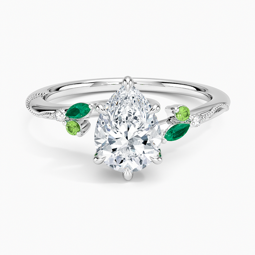 Camellia Milgrain Green Gemstone and Diamond Ring Platinum Pear Engagement Ring