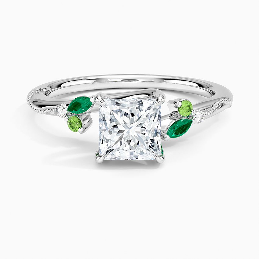 Camellia Milgrain Green Gemstone and Diamond Ring Platinum Princess Engagement Ring