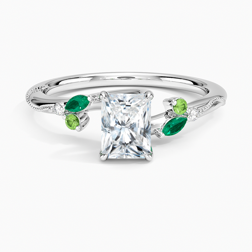Camellia Milgrain Green Gemstone and Diamond Ring Platinum Radiant Engagement Ring
