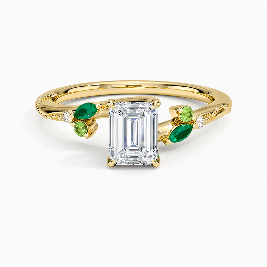 Camellia Milgrain Green Gemstone and Diamond Ring Yellow Gold 18k Emerald Engagement Ring