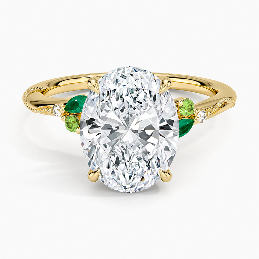Camellia Milgrain Green Gemstone and Diamond Ring Yellow Gold 18k Oval Engagement Ring