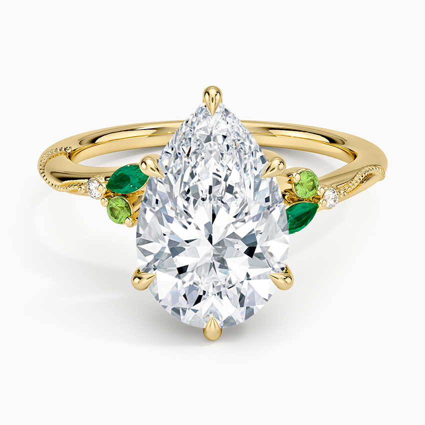 Camellia Milgrain Green Gemstone and Diamond Ring Yellow Gold 18k Pear Engagement Ring