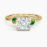 Camellia Milgrain Green Gemstone and Diamond Ring Yellow Gold 18k Princess Engagement Ring