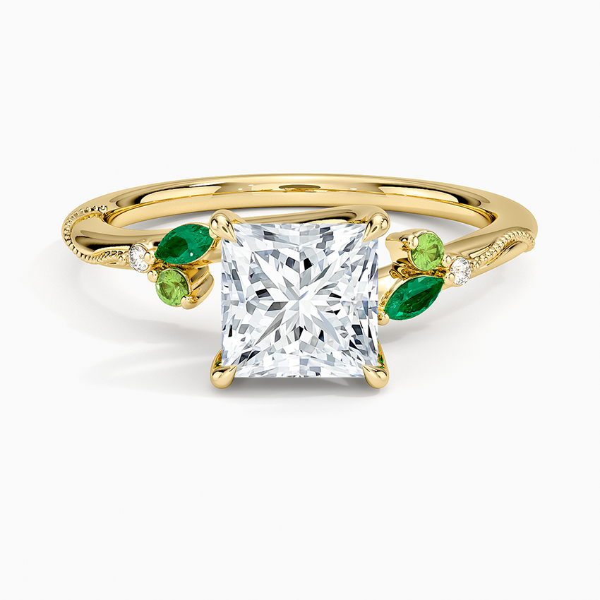 Camellia Milgrain Green Gemstone and Diamond Ring Yellow Gold 18k Princess Engagement Ring