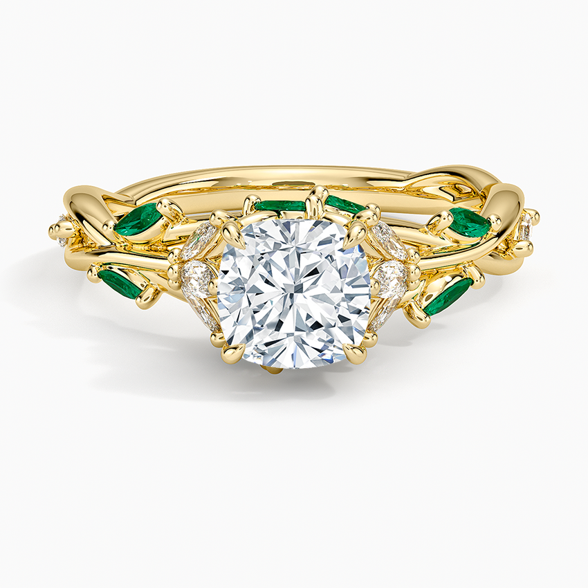 Secret Garden Lab Emerald and Diamond Ring (1/4 ct. tw.) Yellow Gold 18k Cushion Engagement Ring