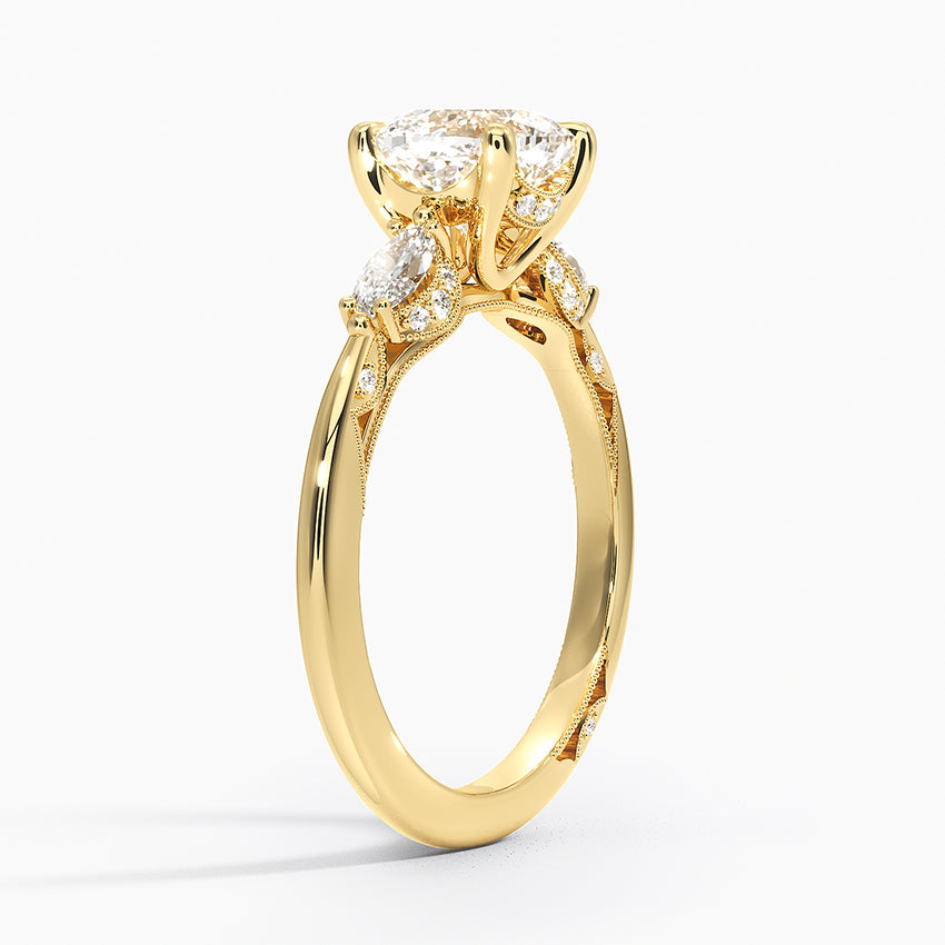 Simply Tacori Three Stone Marquise Diamond Ring Yellow Gold 18k Cushion Engagement Ring
