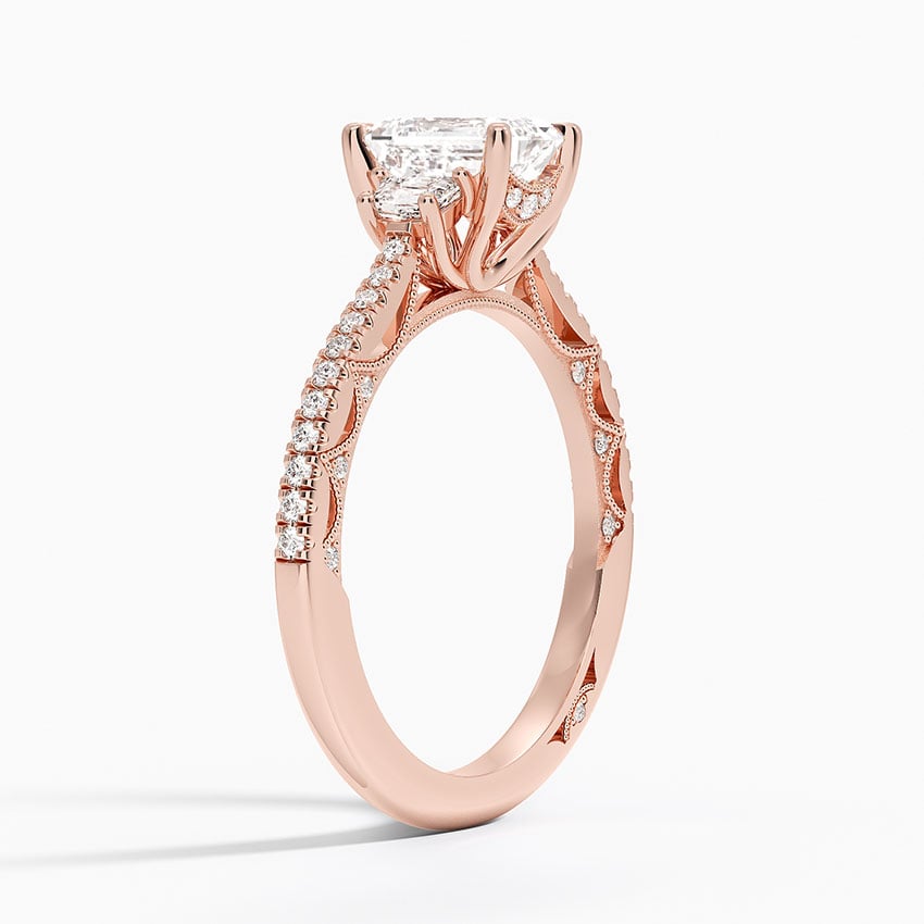 Tacori Lunetta Crescent Pavé Three Stone Diamond Ring Rose Gold 18k Emerald Engagement Ring