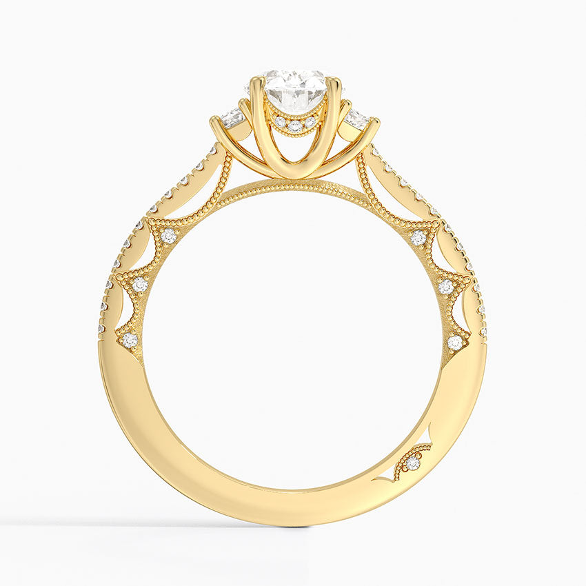 Tacori Lunetta Crescent Pavé Three Stone Diamond Ring Yellow Gold 18k Oval Engagement Ring