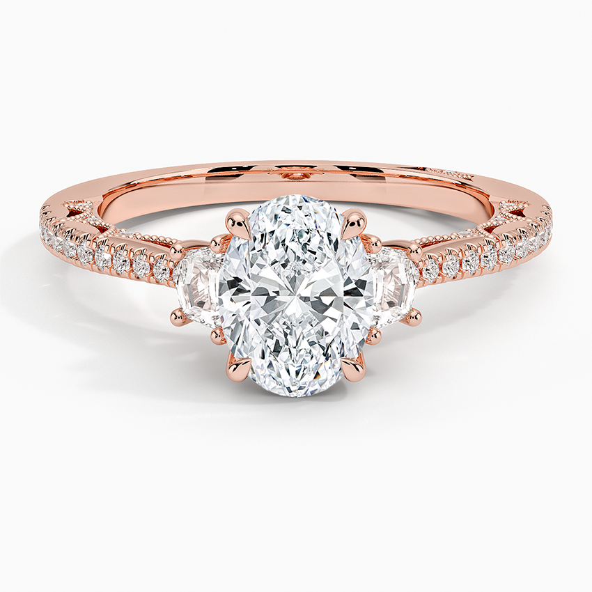 Tacori Lunetta Crescent Pavé Three Stone Diamond Ring Rose Gold 18k Oval Engagement Ring