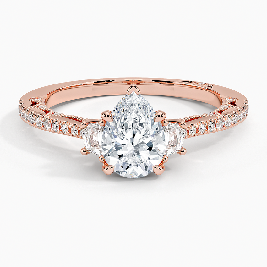Tacori Lunetta Crescent Pavé Three Stone Diamond Ring Rose Gold 18k Pear Engagement Ring