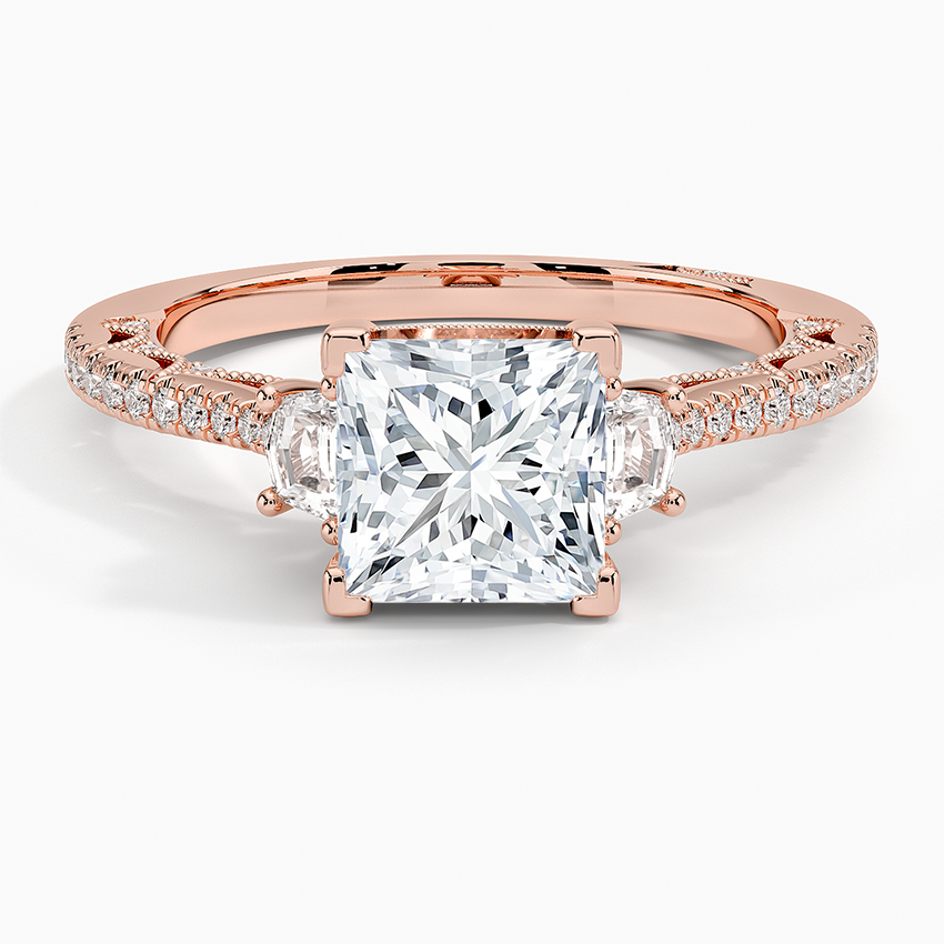 Tacori Lunetta Crescent Pavé Three Stone Diamond Ring Rose Gold 18k Princess Engagement Ring