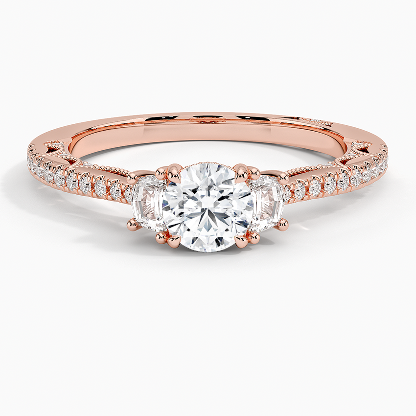 Tacori Lunetta Crescent Pavé Three Stone Diamond Ring Rose Gold 18k Round Engagement Ring