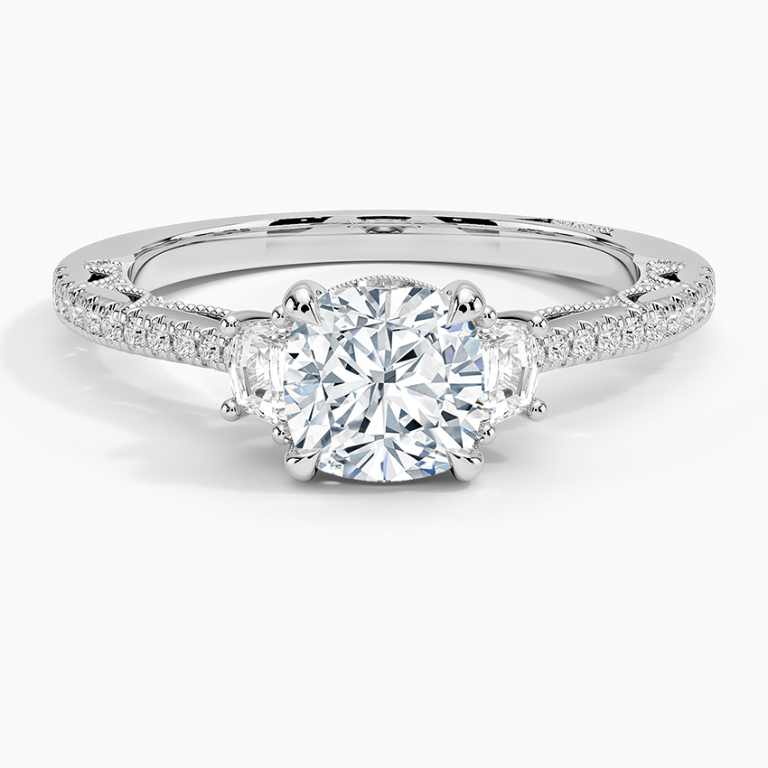 Tacori Lunetta Crescent Pavé Three Stone Diamond Ring Platinum Cushion Engagement Ring