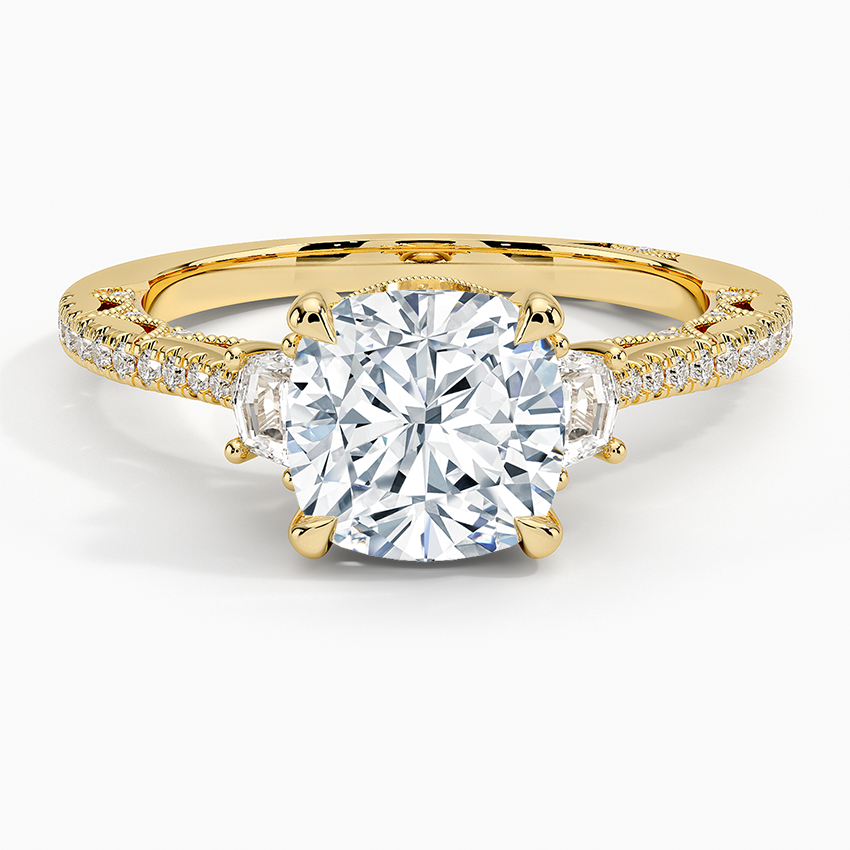 Tacori Lunetta Crescent Pavé Three Stone Diamond Ring Yellow Gold 18k Cushion Engagement Ring