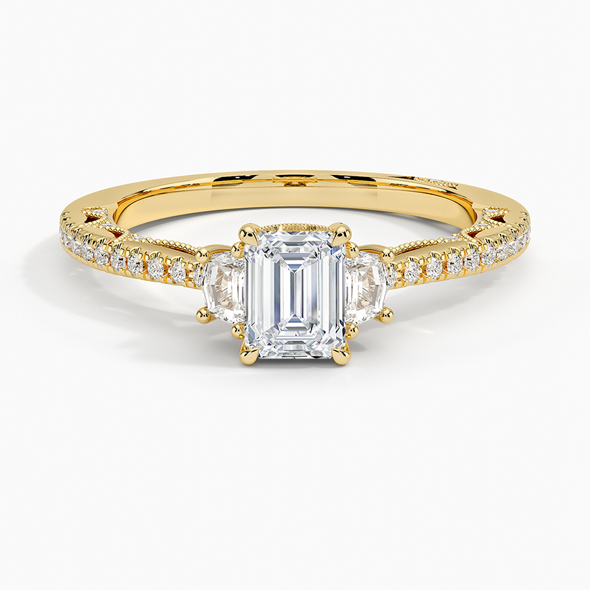 Tacori Lunetta Crescent Pavé Three Stone Diamond Ring Yellow Gold 18k Emerald Engagement Ring