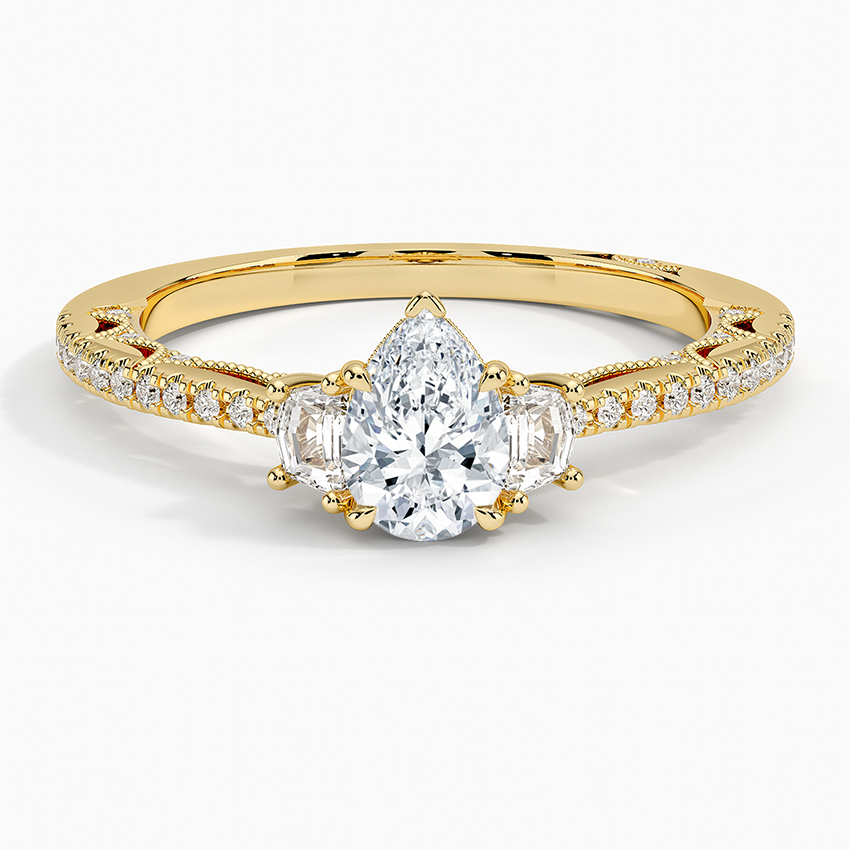 Tacori Lunetta Crescent Pavé Three Stone Diamond Ring Yellow Gold 18k Pear Engagement Ring