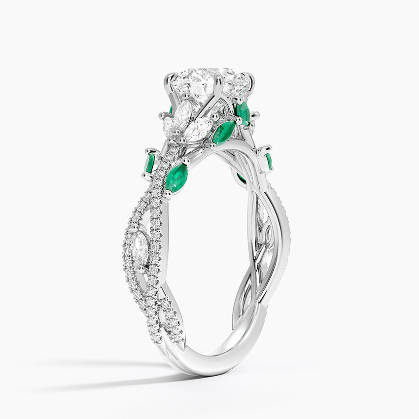 Luxe Secret Garden Lab Emerald and Diamond Ring Platinum Round Engagement Ring