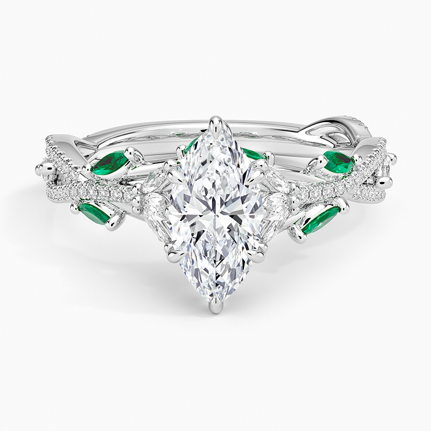 Luxe Secret Garden Lab Emerald and Diamond Ring Platinum Marquise Engagement Ring