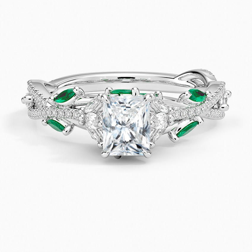 Luxe Secret Garden Lab Emerald and Diamond Ring Platinum Radiant Engagement Ring