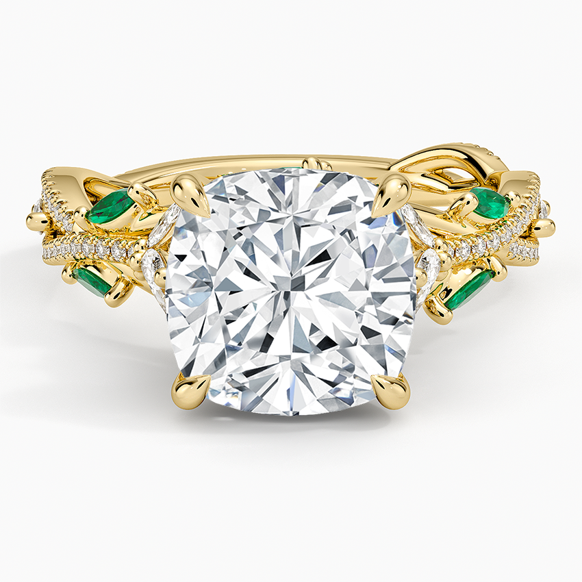 Luxe Secret Garden Lab Emerald and Diamond Ring Yellow Gold 18k Cushion Engagement Ring