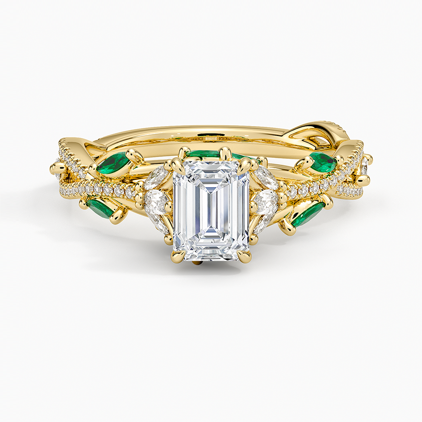 Luxe Secret Garden Lab Emerald and Diamond Ring Yellow Gold 18k Emerald Engagement Ring