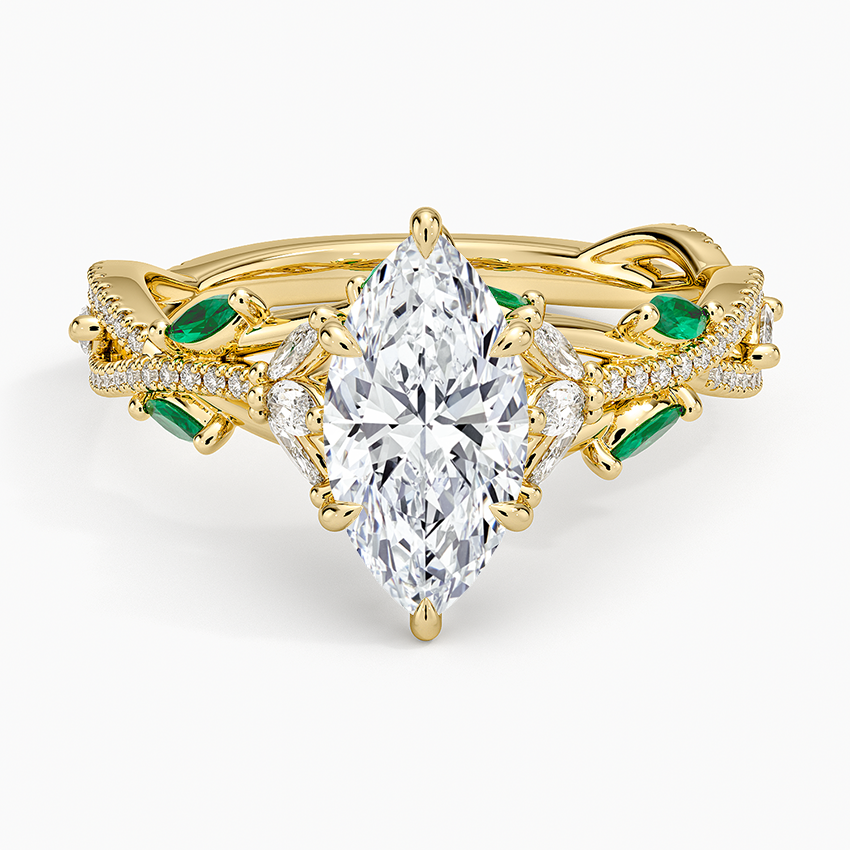 Luxe Secret Garden Lab Emerald and Diamond Ring Yellow Gold 18k Marquise Engagement Ring
