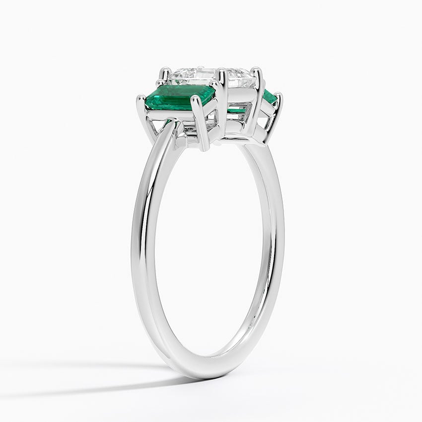 Luxe Rhiannon Three Stone Lab Emerald Ring Platinum Asscher Engagement Ring