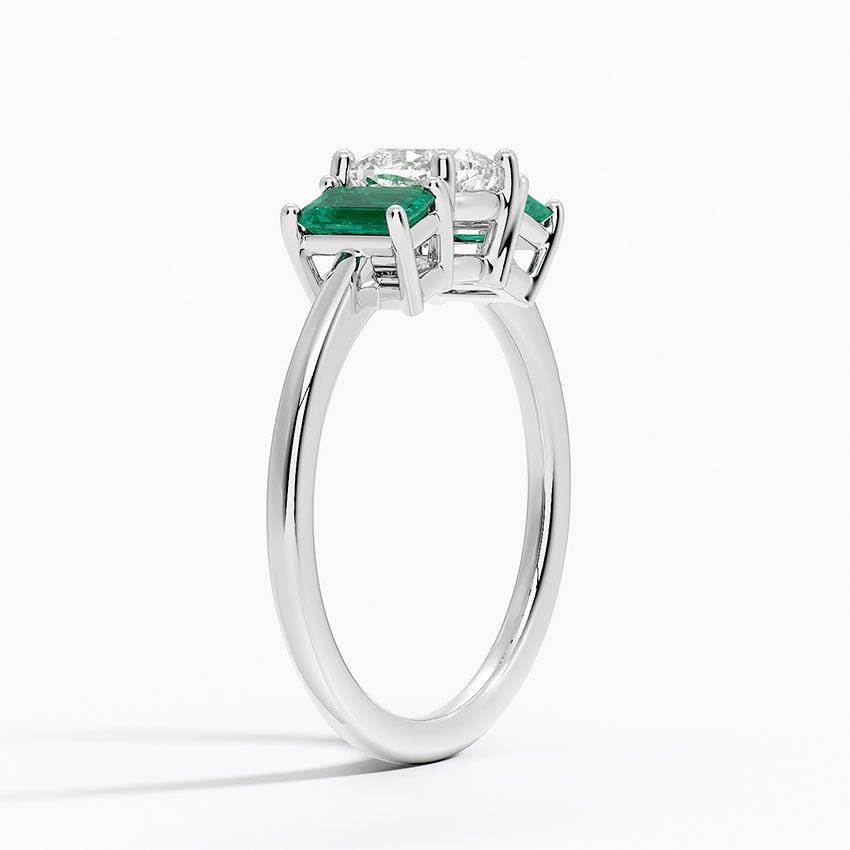 Luxe Rhiannon Three Stone Lab Emerald Ring Platinum Cushion Engagement Ring