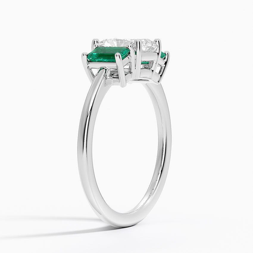 Luxe Rhiannon Three Stone Lab Emerald Ring Platinum Radiant Engagement Ring