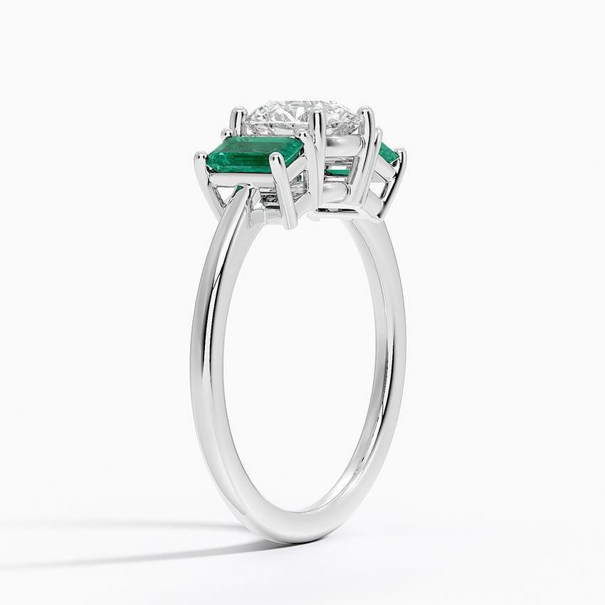 Luxe Rhiannon Three Stone Lab Emerald Ring Platinum Round Engagement Ring