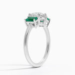 Luxe Rhiannon Three Stone Lab Emerald Ring Platinum Round Engagement Ring