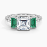 Luxe Rhiannon Three Stone Lab Emerald Ring Platinum Asscher Engagement Ring