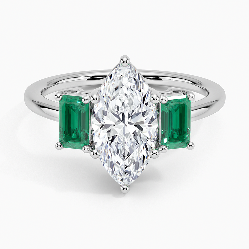 Luxe Rhiannon Three Stone Lab Emerald Ring Platinum Marquise Engagement Ring