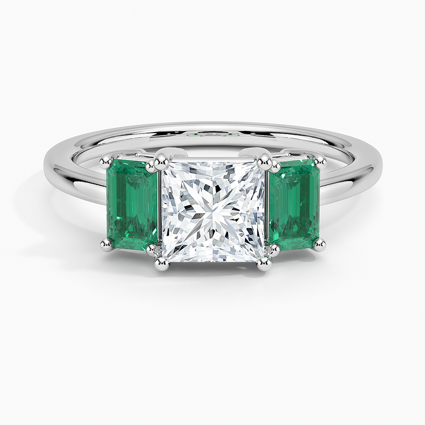 Luxe Rhiannon Three Stone Lab Emerald Ring Platinum Princess Engagement Ring