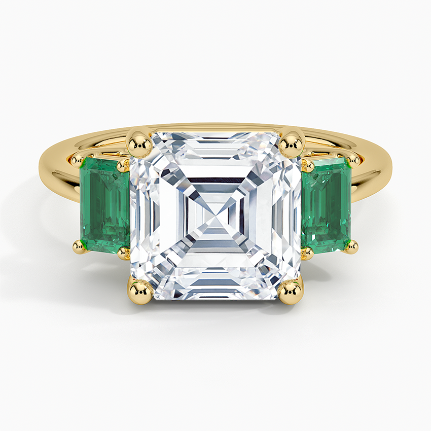 Luxe Rhiannon Three Stone Lab Emerald Ring Yellow Gold 18k Asscher Engagement Ring