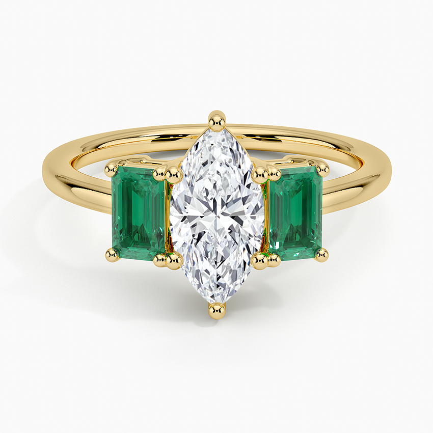 Luxe Rhiannon Three Stone Lab Emerald Ring Yellow Gold 18k Marquise Engagement Ring