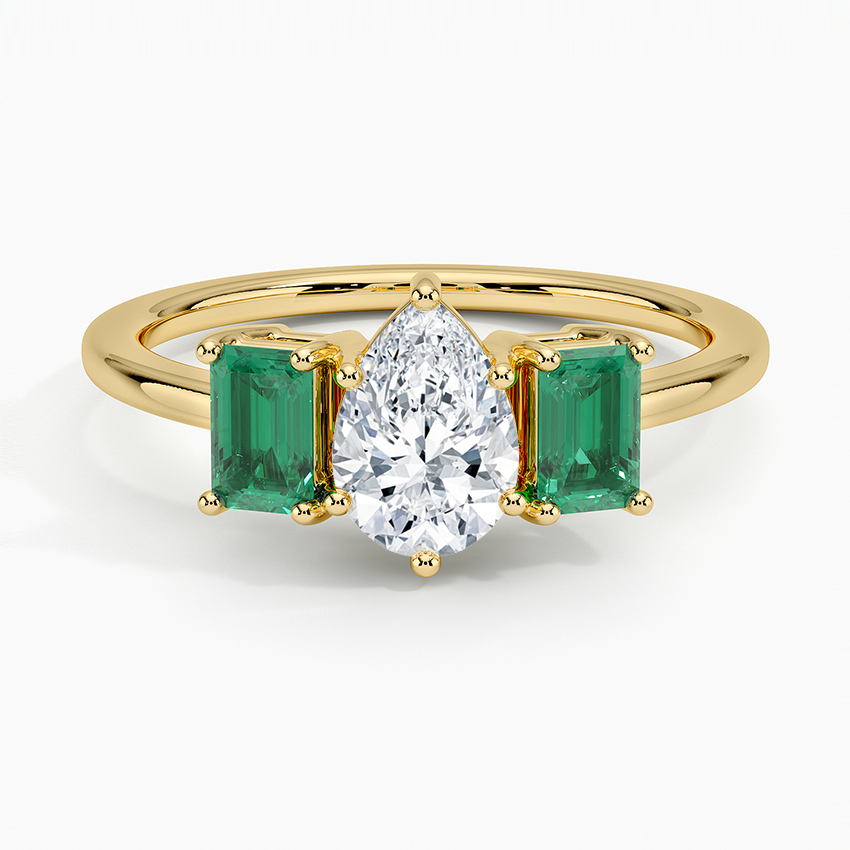 Luxe Rhiannon Three Stone Lab Emerald Ring Yellow Gold 18k Pear Engagement Ring