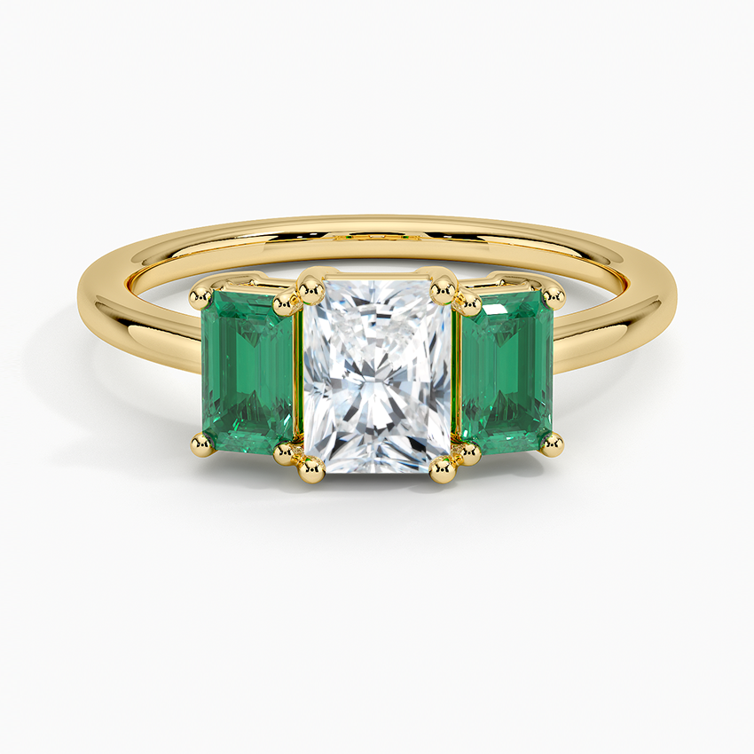 Luxe Rhiannon Three Stone Lab Emerald Ring Yellow Gold 18k Radiant Engagement Ring