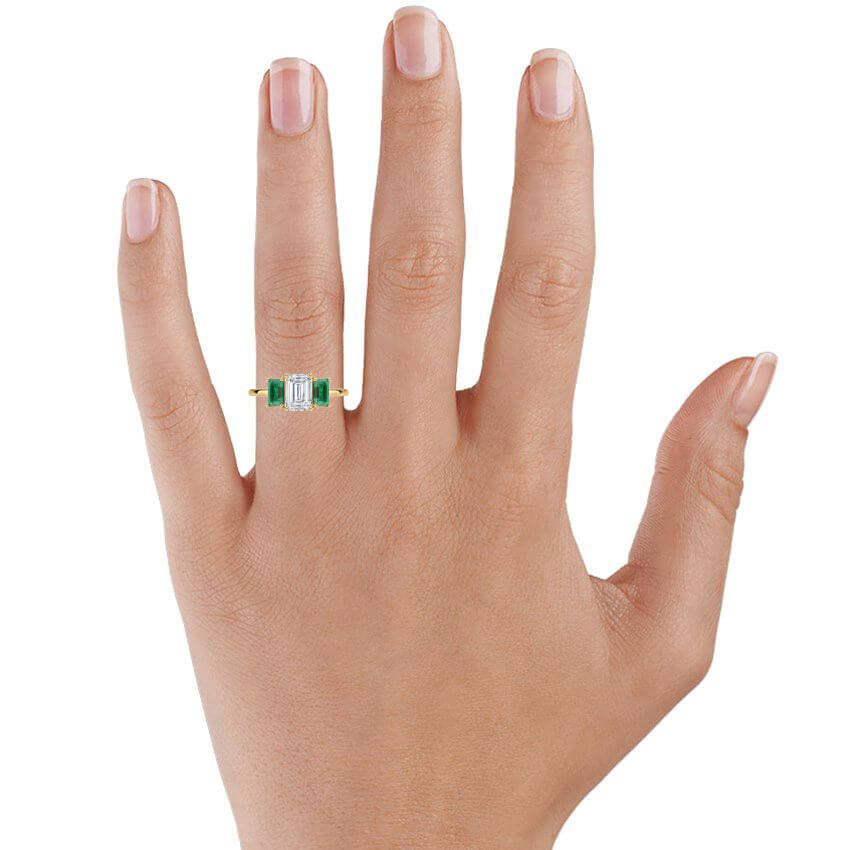 Luxe Rhiannon Three Stone Lab Emerald Ring Yellow Gold 18k Engagement Ring